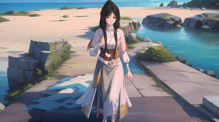 masterpiece,best quality,1girl, black_hair, ((solo)),wedding dress,  walking,seaside,  beach,  <lora:songyan:0.6> ,
