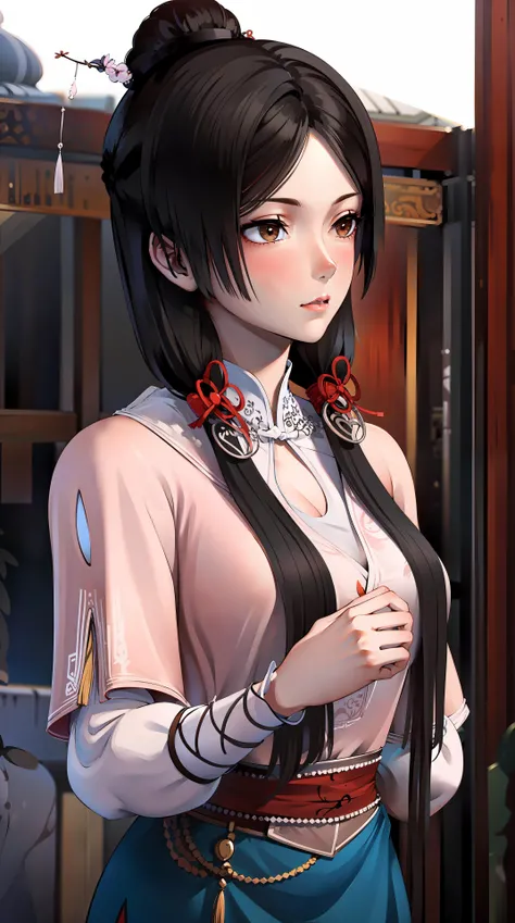 masterpiece,best quality,1girl, black_hair, breasts, china_dress, chinese_clothes, dress, hair_ornament,cowboy shot,dynamic pose, dynamic angle,  <lora:songyan:0.8> ,