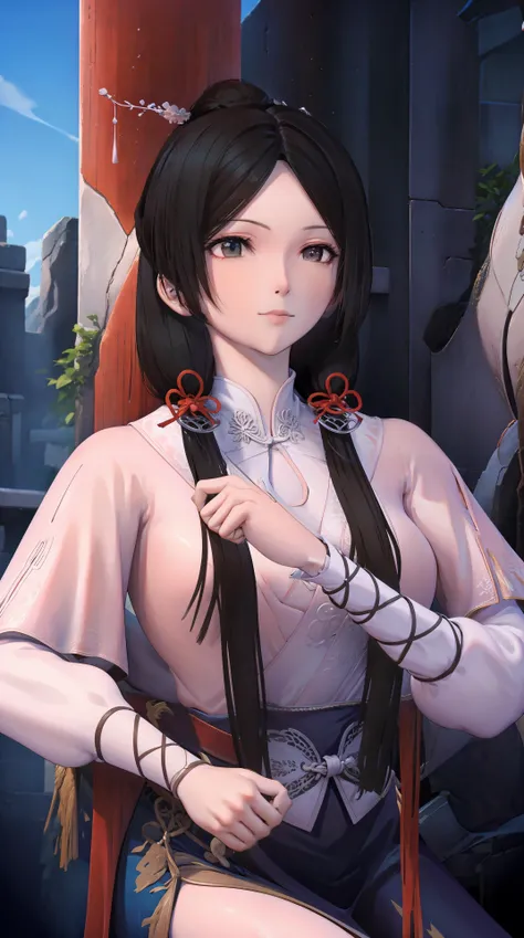 masterpiece,best quality,1girl, black_hair, breasts, china_dress, chinese_clothes, dress, hair_ornament,cowboy shot,dynamic pose, dynamic angle,  <lora:songyan:0.8> ,