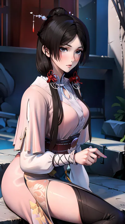 masterpiece,best quality,1girl, black_hair, breasts, china_dress, chinese_clothes, dress, hair_ornament,cowboy shot,dynamic pose, dynamic angle,  <lora:songyan:0.8> ,