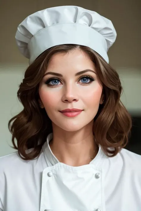 <lora:markiepost-06:0.6>, markiepost, epic, , photo of a woman, , ((chef hat, chef jacket, commercial kitchen)), smiling, (lipstick, blush, eye shadow), ((best quality, masterpiece, extreme details, high resolution):1.2),((detailed eyes, beautiful eyes, detailed face, beautiful face):1.2)