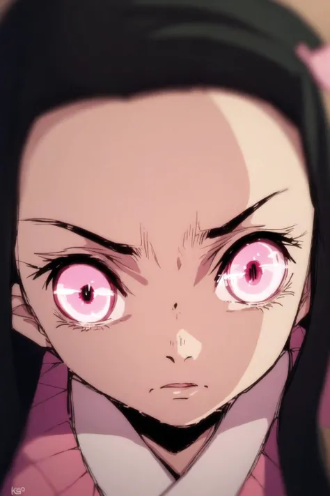 <lora:Nezuv1:0.6>, 1girl, bamboo, blurry, close-up, eye focus, face, glowing, glowing eyes, long hair, looking at viewer, pink eyes, solo, kamado nezuko,