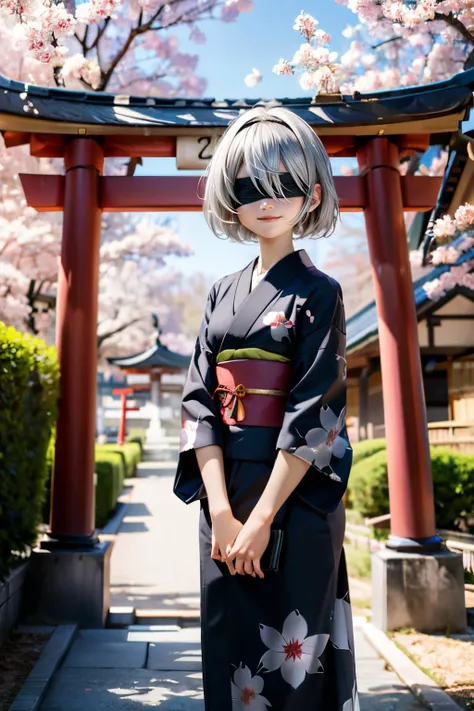 2b@, short silver hair, (black blindfold), mole under mouth, black hairband, traditional kimono, sash, long sleeves, looking at viewer, serious, smiling, standing, medium shot, outside, shrine, red torii, cherry blossom, dusk, high quality, masterpiece <lora:2b-10:.7>