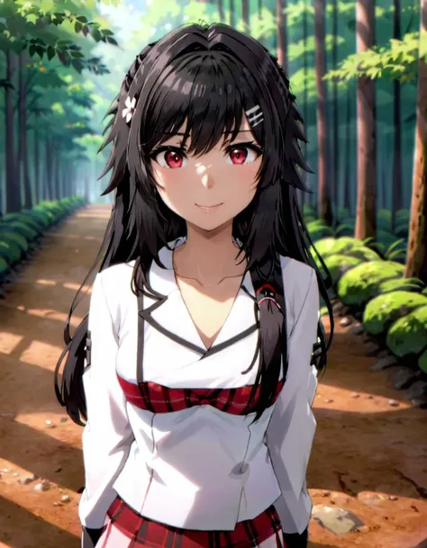 Akane , solo, soft smile, walking, forest, portrait