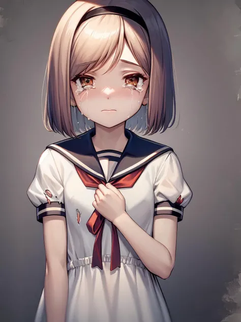 masterpiece, best quality, 1girl, solo, <lora:henp-4:1>,hair_band, short_hair, white_dress, sailor collar, sad, blood, torn clothes, crying, tears,