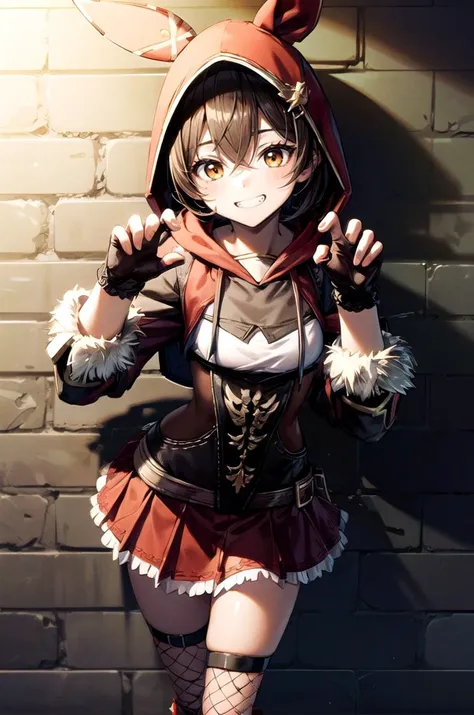 (masterpiece, best quality, detailed), 1girl, solo, looking at viewer, amberrnd, hair ribbon, brown hair, brown eyes,
<lora:edgRaveGirls:1>, edgRavegirl, socks, hood, miniskirt, (multicolored clothes, colorful, multicolored skirt, multicolored legwear), fishnets, fur leg warmers, skirt, hood up, <lora:CONCEPT_graffiti_wall_ownwaifu:0.7>, CONCEPT_graffiti_wall_ownwaifu, www.ownwaifu.com, (graffiti:1.2), brick wall, claw pose, grin