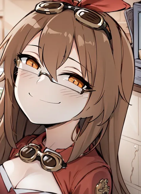 ((best quality)), ((highly detailed)), absurdres, (detailed eyes, deep eyes), (1girl), (glasses), <lora:smug face meme:.9>, smug_face_meme, <lora:genshinimpact_amber:1>, brown hair, long hair, hair ribbon, brown eyes, amberdef, goggles around neck, shrug \(clothing\), long sleeves, brown gloves, short shorts, red thighhighs, cleavage, (inside, in a closet)