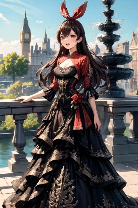(masterpiece, best quality, detailed), 1girl, solo, looking at viewer, amberrnd, hair ribbon, brown hair, brown eyes,
<lora:wrenchelegadome:0.8>, wrenchelegadome, black dress, layered dress, long dress, town, building, flower, victorian, rose, outdoors, london, fountain, contrapposto, smile, open mouth
