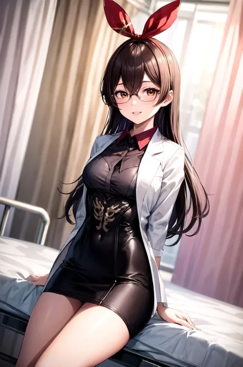 (masterpiece, best quality, detailed), 1girl, solo, looking at viewer, amberrnd, hair ribbon, brown hair, brown eyes,
scientist, labcoat, glasses, collared shirt, pencil skirt, <lora:infirmary_v0.1:1>, infirmary, curtains, hospital bed, dutch angle, arms behind back, smile, parted lips
