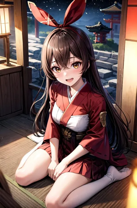 (masterpiece, best quality, detailed), 1girl, solo, looking at viewer, amberrnd, hair ribbon, brown hair, brown eyes,
miko, japanese clothes, red hakama, wide sleeves, white kimono, ribbon trim, hakama skirt, outdoors, night, torii, shrine, east asian architecture, fisheye, wariza, hand between legs, from above, smile, open mouth