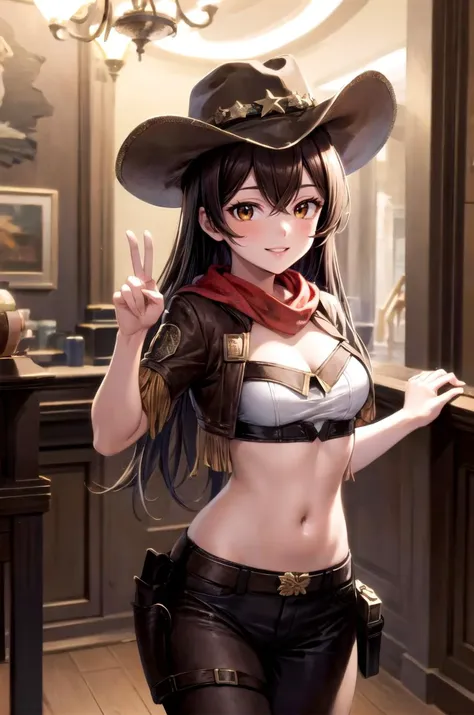 (masterpiece, best quality, detailed), 1girl, solo, looking at viewer, amberrnd, hair ribbon, brown hair, brown eyes,
<lora:cowgirl_outfit_v0.1a:1.05>, (cowgirl outfit, cowboy hat), fringe trim, midriff, holster, indoors, casino, chandelier, roulette, pocker chip, peace sign, smile, parted lips, seductive smile