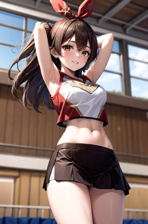 (masterpiece, best quality, detailed), 1girl, solo, looking at viewer, amberrnd, hair ribbon, brown hair, brown eyes,
cheerleader, pom pom \(cheerleading\), crop top, midriff, miniskirt, <lora:school_gym_v0.1:1>, school gym, arms behind head, smile, parted lips