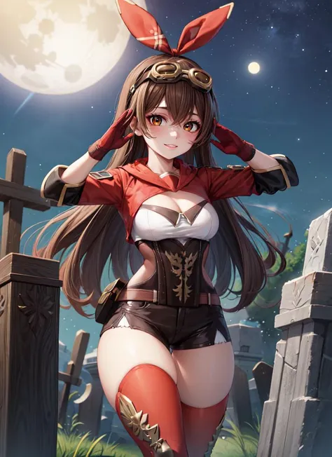 ((best quality)), ((highly detailed)), masterpiece, absurdres, extremely detailed face, beautiful face, (detailed eyes, deep eyes), (1girl), <lora:slim_tall-plump_short:.5>, fighting stance, <lora:hairdetailer:.8>, <lora:genshinimpact_amber:1>, brown hair, long hair, hair ribbon, brown eyes, smiling, amberdef, goggles on head, shrug \(clothing\), long sleeves, brown gloves, short shorts, red thighhighs, cleavage, salute, (outside, at a graveyard, evening, night sky, stars, moonlight)