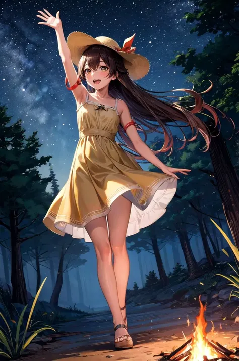 (masterpiece, best quality, detailed), 1girl, solo, looking at viewer, amberrnd, hair ribbon, brown hair, brown eyes,
sundress, sun hat, yellow dress, (campfire), night, nature, night sky, forest, full body, dutch angle, waving, hand up, arm up, walking, smile, open mouth