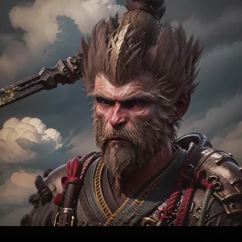 <lora:black_myth_wukong_v1.5:1>,black monkey king,1boy,beard,cloud,cloudy_sky,facial_hair,holding,holding_weapon,japanese_clothes,male_focus,mustache,old,old_man,outdoors,painting_\(medium\),polearm,sky,solo,spear,traditional_media,weapon,