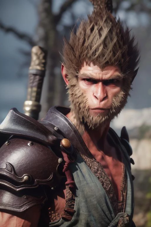 <lora:WukongBlackMyth_v10:0.8> wukong \(black myth\),
1boy, solo, Holding a stick,male focus, detailed eyes,
furry chest, armor, pauldrons, hair ornament,
upper body, sky, tree,
unreal engine, 8k, supper detail, <lora:epiNoiseoffset_v2:2>