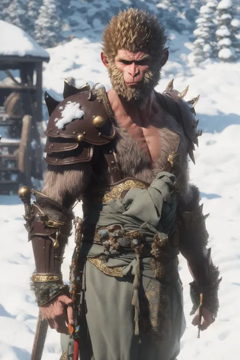 <lora:black_myth_wukong_v1:0.8> wukong \(black myth\),
1boy, solo, male focus, detailed eyes, 
furry chest, armor, pauldrons, hair ornament, 
upper body, snow, snowing, rocks, stairs,
unreal engine, 8k, super detail,