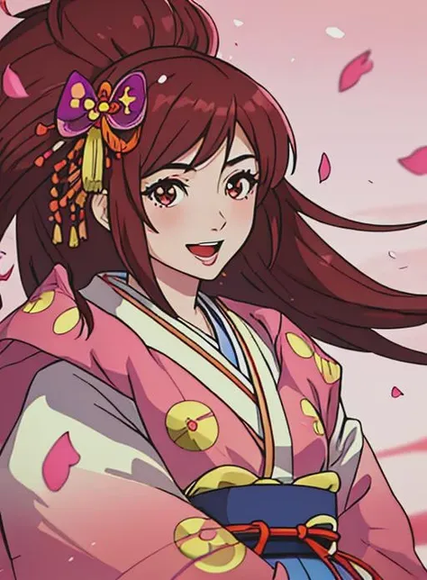 best quality, (masterpiece),(ultra-detailed), (high quality), (high resolution), <lora:oichi:0.7>,oichi, 1girl, solo, long hair, smile, open mouth, brown hair, hair ornament, bow, brown eyes, japanese clothes, kimono, petals,