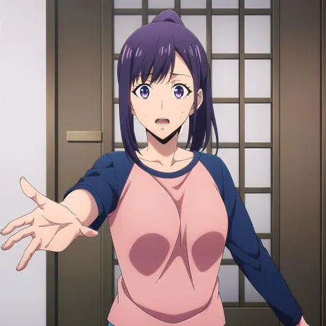 <lora:Jinah:0.75> aoi, 1girl, solo, long hair, breasts, looking at viewer, open mouth, large breasts, shirt, collarbone, upper body, ponytail, sidelocks, sweatdrop, reaching towards viewer, raglan sleeves, sliding doors