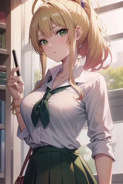 yukanayame, <lyco:yukanayame-lyco-nochekaiser:1>,
yukana yame, long hair, bangs, blonde hair, hair between eyes, (green eyes:1.5), ponytail, multicolored hair, scrunchie, high ponytail, lipstick, gyaru, kogal, makeup,
BREAK skirt, shirt, jewelry, school uniform, collarbone, white shirt, pleated skirt, collared shirt, miniskirt, bracelet, green skirt,
BREAK looking at viewer, full body,
BREAK indoors, classroom,
BREAK <lyco:GoodHands-beta2:1>, (masterpiece:1.2), best quality, high resolution, unity 8k wallpaper, (illustration:0.8), (beautiful detailed eyes:1.6), extremely detailed face, perfect lighting, extremely detailed CG, (perfect hands, perfect anatomy),