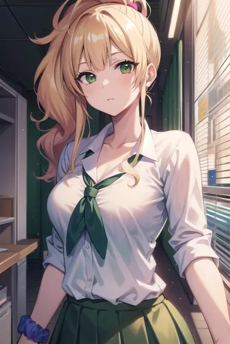 yukanayame, <lyco:yukanayame-lyco-nochekaiser:1>,
yukana yame, long hair, bangs, blonde hair, hair between eyes, (green eyes:1.5), ponytail, multicolored hair, scrunchie, high ponytail, lipstick, gyaru, kogal, makeup,
BREAK skirt, shirt, jewelry, school uniform, collarbone, white shirt, pleated skirt, collared shirt, miniskirt, bracelet, green skirt,
BREAK looking at viewer, full body,
BREAK indoors, classroom,
BREAK <lyco:GoodHands-beta2:1>, (masterpiece:1.2), best quality, high resolution, unity 8k wallpaper, (illustration:0.8), (beautiful detailed eyes:1.6), extremely detailed face, perfect lighting, extremely detailed CG, (perfect hands, perfect anatomy),