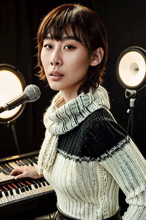 (masterpiece,best quality,ultra high res:1.2),(photo-realistic:1.2),((beautiful face,exquisite face,skin texture)),
1 chinese girl,22yo,front light,cowboy_shot,short_hair,(Chunky_knit_sweater:1.4),(Leather_leggings:1.3),(Oversized_scarf:1.2),
<lora:suxi_sd15_1_:1>,suxi,sweat,(sing:1.5),in the recording studio,