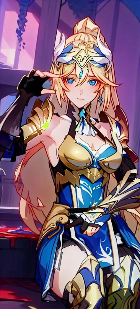 ((Highest quality)), ((masterpiece)), (detailed), (Perfect Face)、The woman is an Exstia, a transforming heroine with semi-long blue hair.、The man is the evil leader, Naioro, a handsome man with medium-long blonde hair and a black battle suit.、The man and the woman are close together