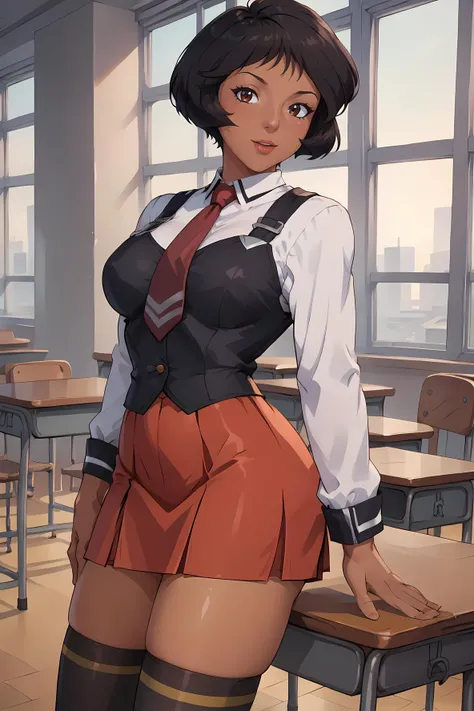 <lora:brj-alex-ponyXL-v0.5:1> alex \(totally spies\), short hair, black hair, brown eyes, dark skin,
large breasts, solo, school classroom,
Legs up, arms bent,,
<lora:bible_black_uniform_xl_v3:0.8> school uniform, white shirt, black vest, black thighhighs, red skirt, red necktie