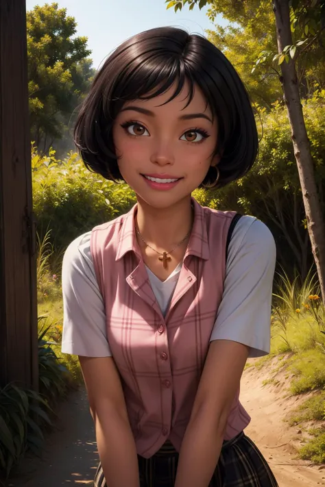 alex \(totally spies\), short hair, black hair, brown eyes,
blouse, plaid skirt, miniskirt, plaid vest, cross necklace, pink lips, makeup, earrings, innocent, cute, shy,
smile,closed mouth,cowboy shot,
forest,outdoor,
(insanely detailed, masterpiece, best quality) cinematic lighting,<lora:brj-alex-v1:1>, <lora:more_details:0.3>,