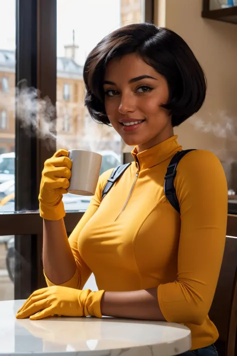 alex, totally spies, short black hair, brown eyes, yellow bodysuit, gloves, looking at viewer, serious, smiling, blush,upper body shot, sitting, behind table, inside cozy cafe, coffee mug, steam, soft lighting, high quality, masterpiece <lora:brj-alex-v1:.8>