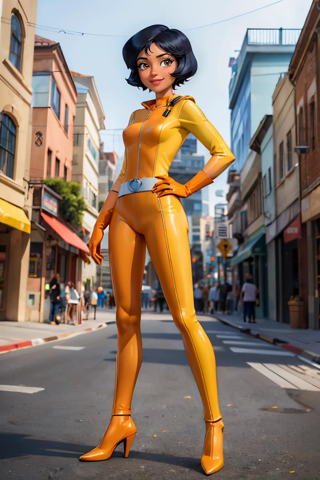 alex, totally spies, short black hair, brown eyes, yellow bodysuit, belt, gloves, heels, looking at viewer, smiling, full body shot, standing, outside, street, cityscape, overcast, high quality, masterpiece <lora:brj-alex-v1:.8>