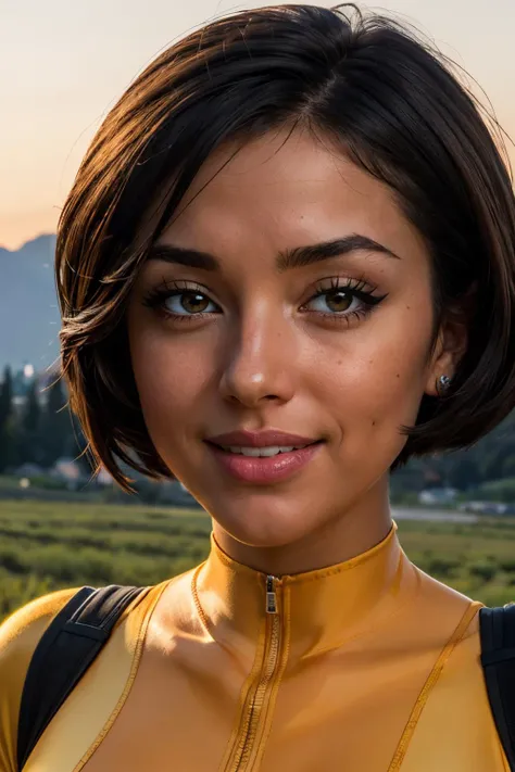 alex, totally spies, short black hair, brown eyes, yellow bodysuit, looking at viewer, smiling, close up, outside, mountain, field, cityscape, dusk, high quality, masterpiece <lora:brj-alex-v1:.8>