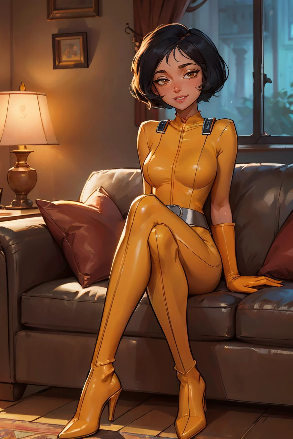 alex, totally spies, short black hair, brown eyes, yellow bodysuit, gloves, belt, heels, looking at viewer, smiling, sitting, leg raised, on sofa, inside cozy living room, lamp, soft lighting, high quality, masterpiece <lora:brj-alex-v1:.8>
