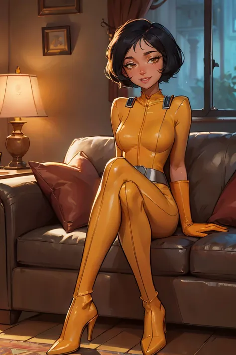 alex, totally spies, short black hair, brown eyes, yellow bodysuit, gloves, belt, heels, looking at viewer, smiling, sitting, leg raised, on sofa, inside cozy living room, lamp, soft lighting, high quality, masterpiece  <lora:brj-alex-v1:.8>