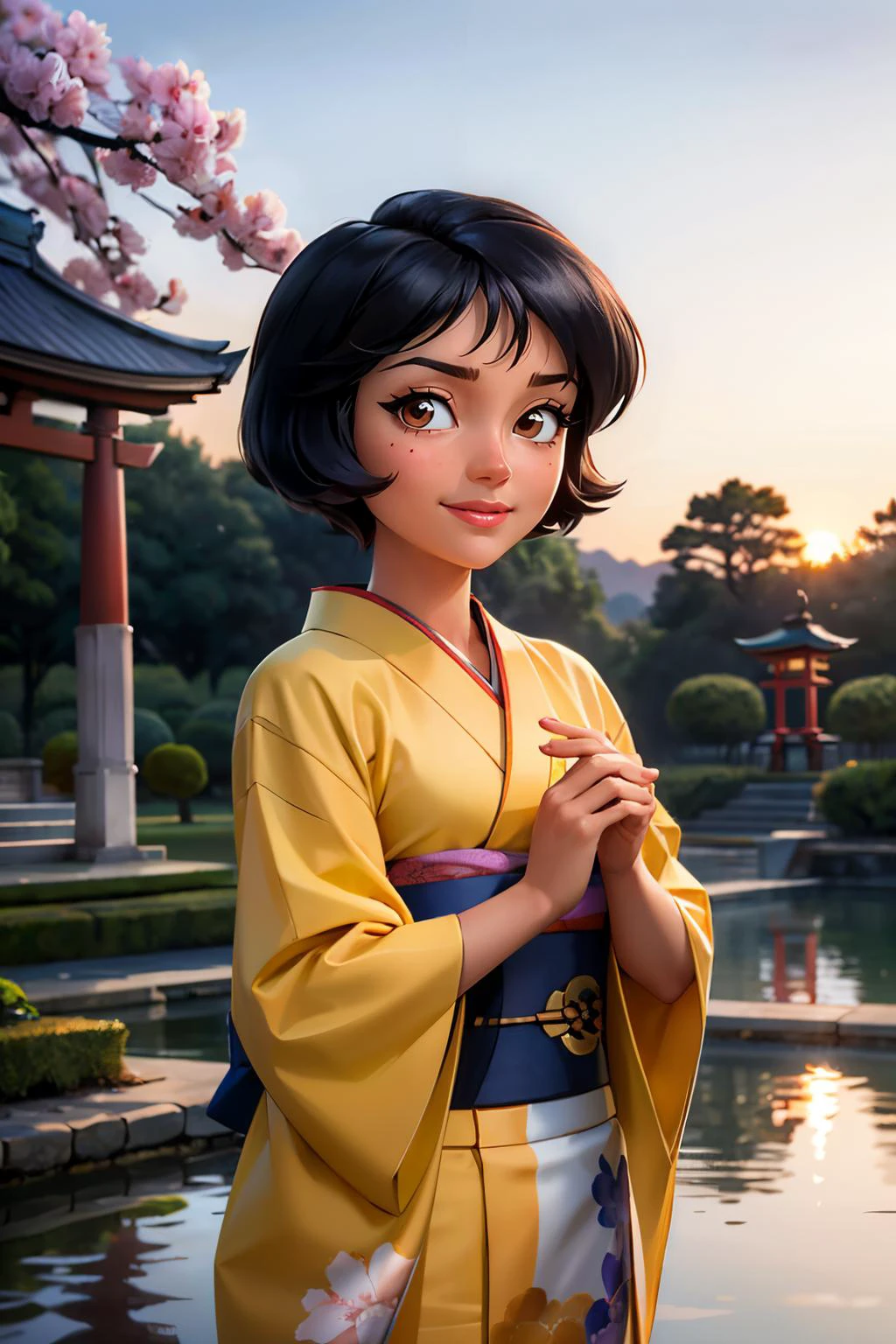 alex, totally spies, short black hair, brown eyes, traditional kimono, sash, long sleeves, looking at viewer, serious, smiling, standing, upper body shot, outside, garden, cherry blossom, pond, red torii, sunset, dusk, high quality, masterpiece <lora:brj-alex-v1:.8>