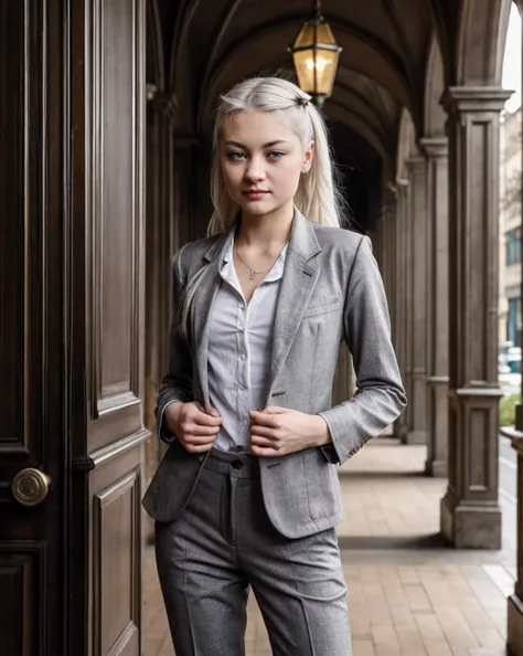 photo of Ol1v14D3v1n3_HM-140, a woman, perfect hair, (modern photo), wearing blazer, button-up, slacks, 70mm short telephoto (analog, cinematic, film grain:1.3), Alien Embassy, Diplomatic hub with ornate architecture, unique alien artifacts, and diverse species., detailed eyes, professional pose, (epiCPhoto), (looking at viewer:1.1), (cinematic shot:1.3), (hard style lighting), <lora:add_detail:0.5>