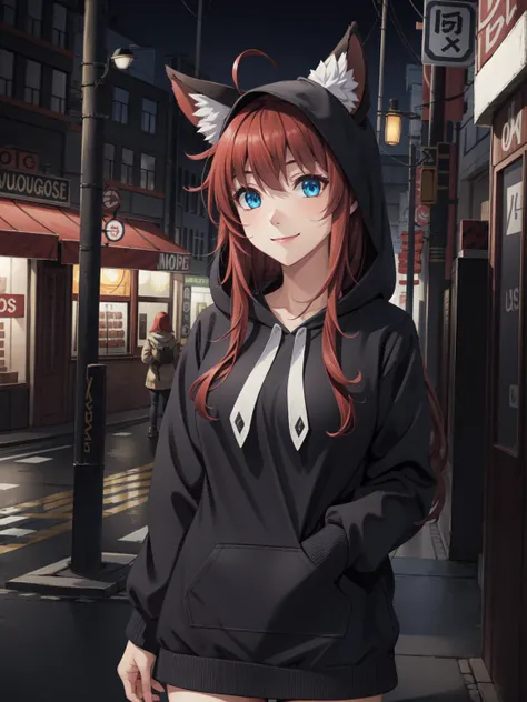 (masterpiece:1.2, best quality:1.1, highres,absurdres, high quality),(photorealistic:1.1),reflected light, colorful,ultra-detailed, ultra hd, super detailed,
iasGremory,red hair, long hair, blue eyes, ahoge, huge breasts, p0tatcaho, animal hood, hood up,hoodie,fox ears, standing, shop, light smile,
<lora:LowRA:0.4> <lora:HighSchoolDxD_RiasGremory:0.7> <lora:p0tatcaho:0.8>