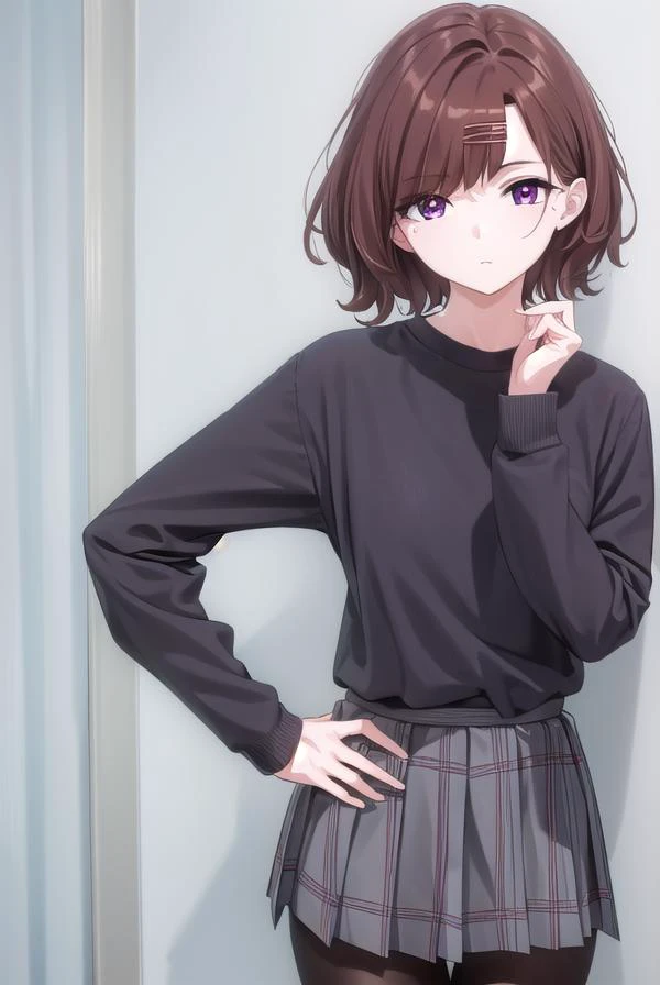 madokahiguchi, <lora:madokahiguchiyd-lora-nochekaiser:1>,
madoka higuchi yd, brown hair, eyebrows hidden by hair, grey background, hair ornament, hairclip, mole, mole under eye, (purple eyes:1.1), short hair, wavy hair,
BREAK black pantyhose, black shirt, pantyhose, plaid, plaid skirt, pleated skirt, school uniform, shirt, skirt,
BREAK indoors, bed,
BREAK looking at viewer, (cowboy shot:1.5),
BREAK <lyco:GoodHands-beta2:1>, (masterpiece:1.2), best quality, high resolution, unity 8k wallpaper, (illustration:0.8), (beautiful detailed eyes:1.6), extremely detailed face, perfect lighting, extremely detailed CG, (perfect hands, perfect anatomy),