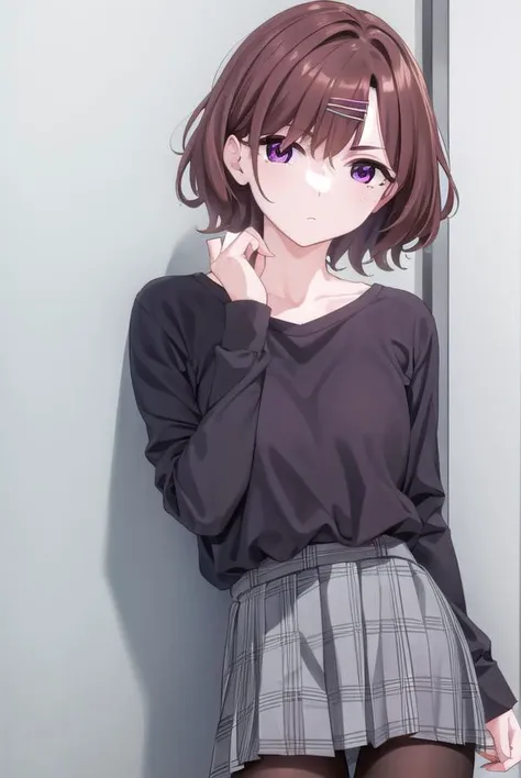 madokahiguchi, <lora:madokahiguchiyd-lora-nochekaiser:1>,
madoka higuchi yd, brown hair, eyebrows hidden by hair, grey background, hair ornament, hairclip, mole, mole under eye, (purple eyes:1.1), short hair, wavy hair,
BREAK black pantyhose, black shirt, pantyhose, plaid, plaid skirt, pleated skirt, school uniform, shirt, skirt,
BREAK indoors, bed,
BREAK looking at viewer, (cowboy shot:1.5),
BREAK <lyco:GoodHands-beta2:1>, (masterpiece:1.2), best quality, high resolution, unity 8k wallpaper, (illustration:0.8), (beautiful detailed eyes:1.6), extremely detailed face, perfect lighting, extremely detailed CG, (perfect hands, perfect anatomy),