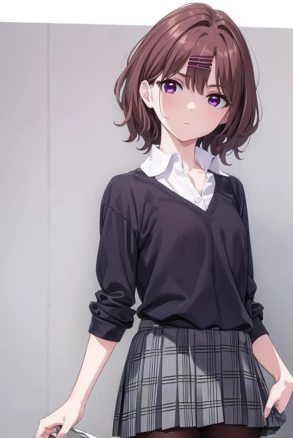 madokahiguchi, <lora:madokahiguchiyd-lora-nochekaiser:1>,
madoka higuchi yd, brown hair, eyebrows hidden by hair, grey background, hair ornament, hairclip, mole, mole under eye, (purple eyes:1.1), short hair, wavy hair,
BREAK black pantyhose, black shirt, pantyhose, plaid, plaid skirt, pleated skirt, school uniform, shirt, skirt,
BREAK indoors, bed,
BREAK looking at viewer, (cowboy shot:1.5),
BREAK <lyco:GoodHands-beta2:1>, (masterpiece:1.2), best quality, high resolution, unity 8k wallpaper, (illustration:0.8), (beautiful detailed eyes:1.6), extremely detailed face, perfect lighting, extremely detailed CG, (perfect hands, perfect anatomy),