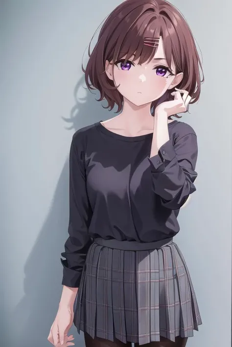 madokahiguchi, <lora:madokahiguchiyd-lora-nochekaiser:1>,
madoka higuchi yd, brown hair, eyebrows hidden by hair, grey background, hair ornament, hairclip, mole, mole under eye, (purple eyes:1.1), short hair, wavy hair,
BREAK black pantyhose, black shirt, pantyhose, plaid, plaid skirt, pleated skirt, school uniform, shirt, skirt,
BREAK indoors, bed,
BREAK looking at viewer, (cowboy shot:1.5),
BREAK <lyco:GoodHands-beta2:1>, (masterpiece:1.2), best quality, high resolution, unity 8k wallpaper, (illustration:0.8), (beautiful detailed eyes:1.6), extremely detailed face, perfect lighting, extremely detailed CG, (perfect hands, perfect anatomy),