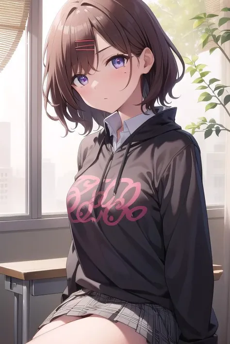 madokahiguchi, <lora:madokahiguchitest:1>, madoka higuchi, brown hair, eyebrows hidden by hair, grey background, hair ornament, hairclip, mole, mole under eye, (purple eyes:1.1), short hair, wavy hair, (small breast:1.2),
BREAK black pantyhose, black shirt, pantyhose, plaid, plaid skirt, pleated skirt, school uniform, shirt, skirt, wavy hair,
BREAK indoors, classroom,
BREAK looking at viewer,
BREAK <lyco:GoodHands-beta2:1>, (masterpiece:1.2), best quality, high resolution, unity 8k wallpaper, (illustration:0.8), (beautiful detailed eyes:1.6), extremely detailed face, perfect lighting, extremely detailed CG, (perfect hands, perfect anatomy),