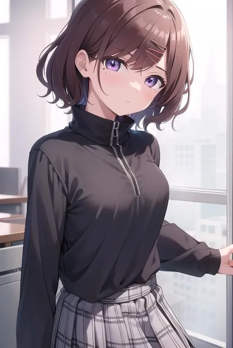 madokahiguchi, <lora:madokahiguchitest:1>, madoka higuchi, brown hair, eyebrows hidden by hair, grey background, hair ornament, hairclip, mole, mole under eye, (purple eyes:1.1), short hair, wavy hair, (small breast:1.2),
BREAK black pantyhose, black shirt, pantyhose, plaid, plaid skirt, pleated skirt, school uniform, shirt, skirt, wavy hair,
BREAK indoors, classroom,
BREAK looking at viewer,
BREAK <lyco:GoodHands-beta2:1>, (masterpiece:1.2), best quality, high resolution, unity 8k wallpaper, (illustration:0.8), (beautiful detailed eyes:1.6), extremely detailed face, perfect lighting, extremely detailed CG, (perfect hands, perfect anatomy),