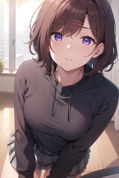 madokahiguchi, <lora:madokahiguchitest:1>, madoka higuchi, brown hair, eyebrows hidden by hair, grey background, hair ornament, hairclip, mole, mole under eye, (purple eyes:1.1), short hair, wavy hair, (small breast:1.2),
BREAK black pantyhose, black shirt, pantyhose, plaid, plaid skirt, pleated skirt, school uniform, shirt, skirt, wavy hair,
BREAK indoors, classroom,
BREAK looking at viewer,
BREAK <lyco:GoodHands-beta2:1>, (masterpiece:1.2), best quality, high resolution, unity 8k wallpaper, (illustration:0.8), (beautiful detailed eyes:1.6), extremely detailed face, perfect lighting, extremely detailed CG, (perfect hands, perfect anatomy),