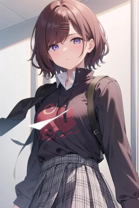 madokahiguchi, <lora:madokahiguchitest:1>, madoka higuchi, brown hair, eyebrows hidden by hair, grey background, hair ornament, hairclip, mole, mole under eye, (purple eyes:1.1), short hair, wavy hair, (small breast:1.2),
BREAK black pantyhose, black shirt, pantyhose, plaid, plaid skirt, pleated skirt, school uniform, shirt, skirt, wavy hair,
BREAK indoors, classroom,
BREAK looking at viewer,
BREAK <lyco:GoodHands-beta2:1>, (masterpiece:1.2), best quality, high resolution, unity 8k wallpaper, (illustration:0.8), (beautiful detailed eyes:1.6), extremely detailed face, perfect lighting, extremely detailed CG, (perfect hands, perfect anatomy),