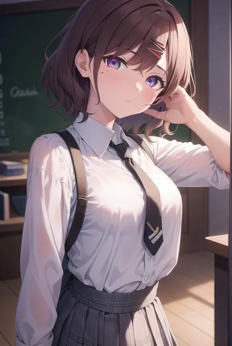 madokahiguchi, <lora:madokahiguchitest:1>, madoka higuchi, brown hair, eyebrows hidden by hair, grey background, hair ornament, hairclip, mole, mole under eye, (purple eyes:1.1), short hair, wavy hair, (small breast:1.2),
BREAK black pantyhose, black shirt, pantyhose, plaid, plaid skirt, pleated skirt, school uniform, shirt, skirt, wavy hair,
BREAK indoors, classroom,
BREAK looking at viewer,
BREAK <lyco:GoodHands-beta2:1>, (masterpiece:1.2), best quality, high resolution, unity 8k wallpaper, (illustration:0.8), (beautiful detailed eyes:1.6), extremely detailed face, perfect lighting, extremely detailed CG, (perfect hands, perfect anatomy),