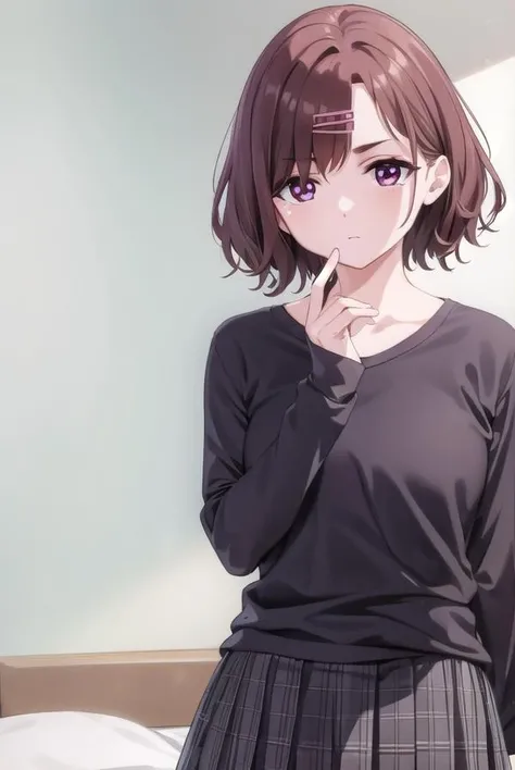 madokahiguchi, <lora:madokahiguchiyd-lora-nochekaiser:1>,
madoka higuchi yd, brown hair, eyebrows hidden by hair, grey background, hair ornament, hairclip, mole, mole under eye, (purple eyes:1.1), short hair, wavy hair,
BREAK black pantyhose, black shirt, pantyhose, plaid, plaid skirt, pleated skirt, school uniform, shirt, skirt,
BREAK indoors, bed,
BREAK looking at viewer, (cowboy shot:1.5),
BREAK <lyco:GoodHands-beta2:1>, (masterpiece:1.2), best quality, high resolution, unity 8k wallpaper, (illustration:0.8), (beautiful detailed eyes:1.6), extremely detailed face, perfect lighting, extremely detailed CG, (perfect hands, perfect anatomy),