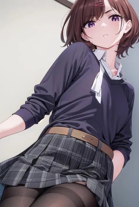madokahiguchi, <lora:madokahiguchiyd-lora-nochekaiser:1>,
madoka higuchi yd, brown hair, eyebrows hidden by hair, grey background, hair ornament, hairclip, mole, mole under eye, (purple eyes:1.1), short hair, wavy hair,
BREAK black pantyhose, black shirt, pantyhose, plaid, plaid skirt, pleated skirt, school uniform, shirt, skirt,
BREAK indoors, bed,
BREAK looking at viewer, (cowboy shot:1.5),
BREAK <lyco:GoodHands-beta2:1>, (masterpiece:1.2), best quality, high resolution, unity 8k wallpaper, (illustration:0.8), (beautiful detailed eyes:1.6), extremely detailed face, perfect lighting, extremely detailed CG, (perfect hands, perfect anatomy),