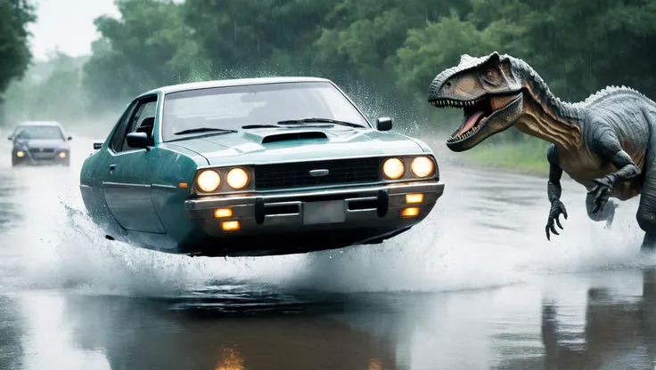 photo of futuristic hovering car,  (pursued by dinosaurs:1.5), no wheels, science fiction, scifi, retrofuturistic, high-speed chase cinematic, splashing water, raining , depth of field, motion blur, terrified driver, <lora:Hovering_Car_SDXL_v1:1> hovering_car