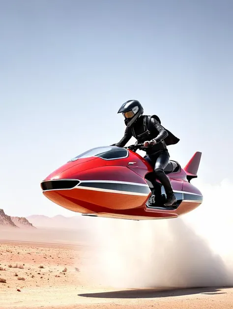pilot riding a concept of a hoverbike, concept design,highly detailed, (downward-thrust engines:1.9), smoke, clean lines, sharp edges, vintage style, square forms, <lora:Hovering_Car_SDXL_v1:1> hovering_car, giger art style, red and white colors, eerie, unsettling, dark, spooky, suspenseful, grim, highly detailed, desert trail, desolated landscape
